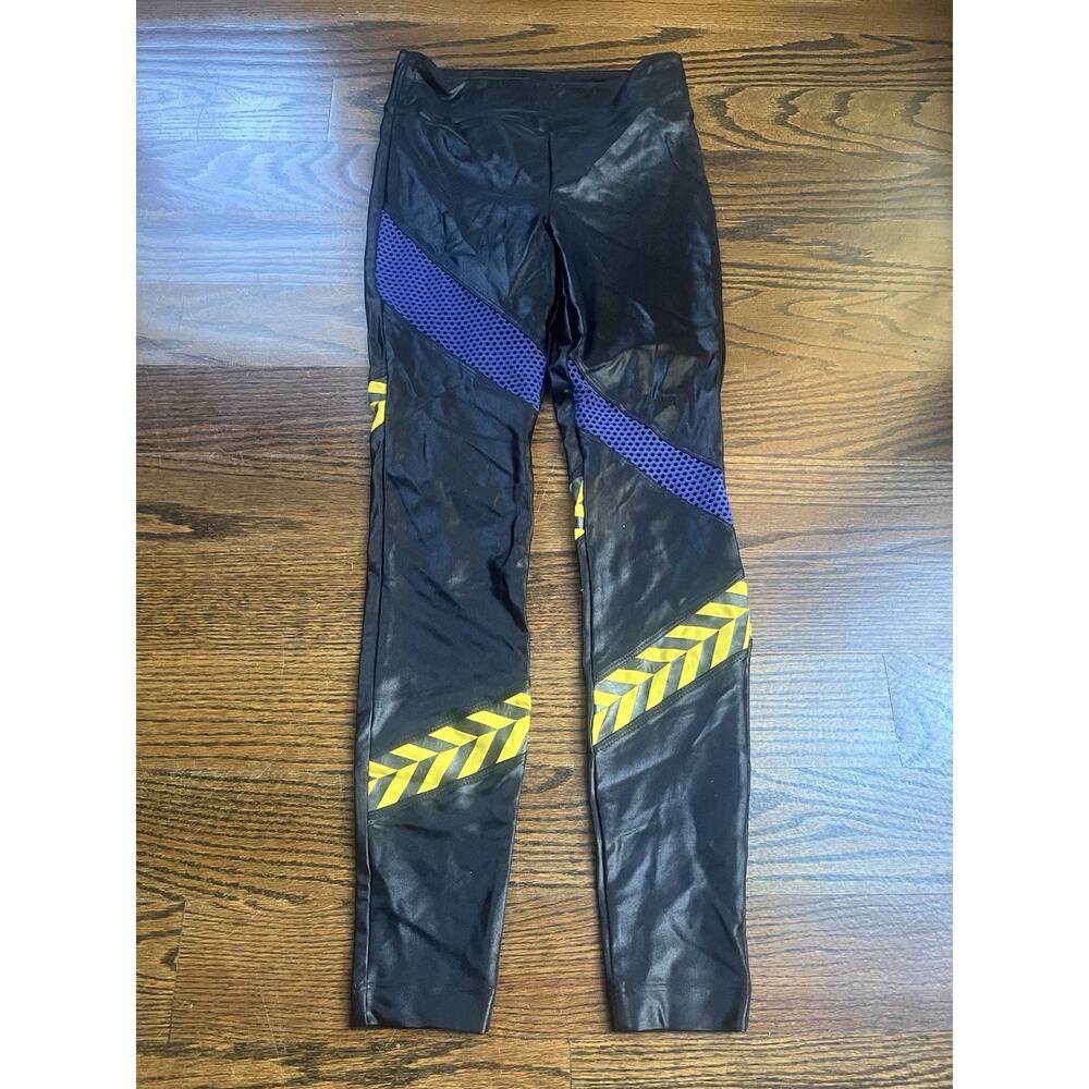 Koral Women’s Shiny Black Yellow Spandex Leggings Size S NWOT